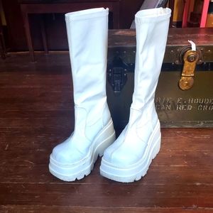 🤍 Demonia Shaker White Holo Knee High Boots | Size 8